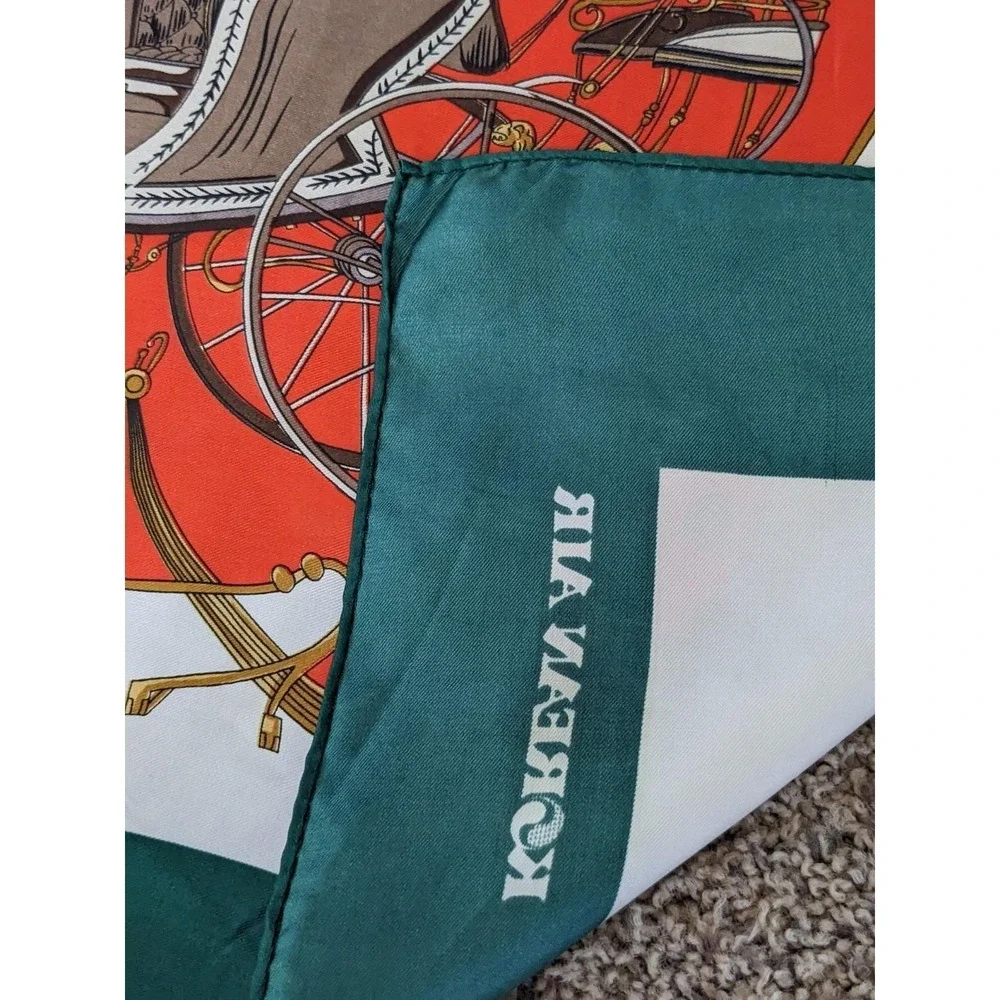 Korean Air Vintage 1980s‎ Equestrian Carriage Print Square Scarf Red Green 34
